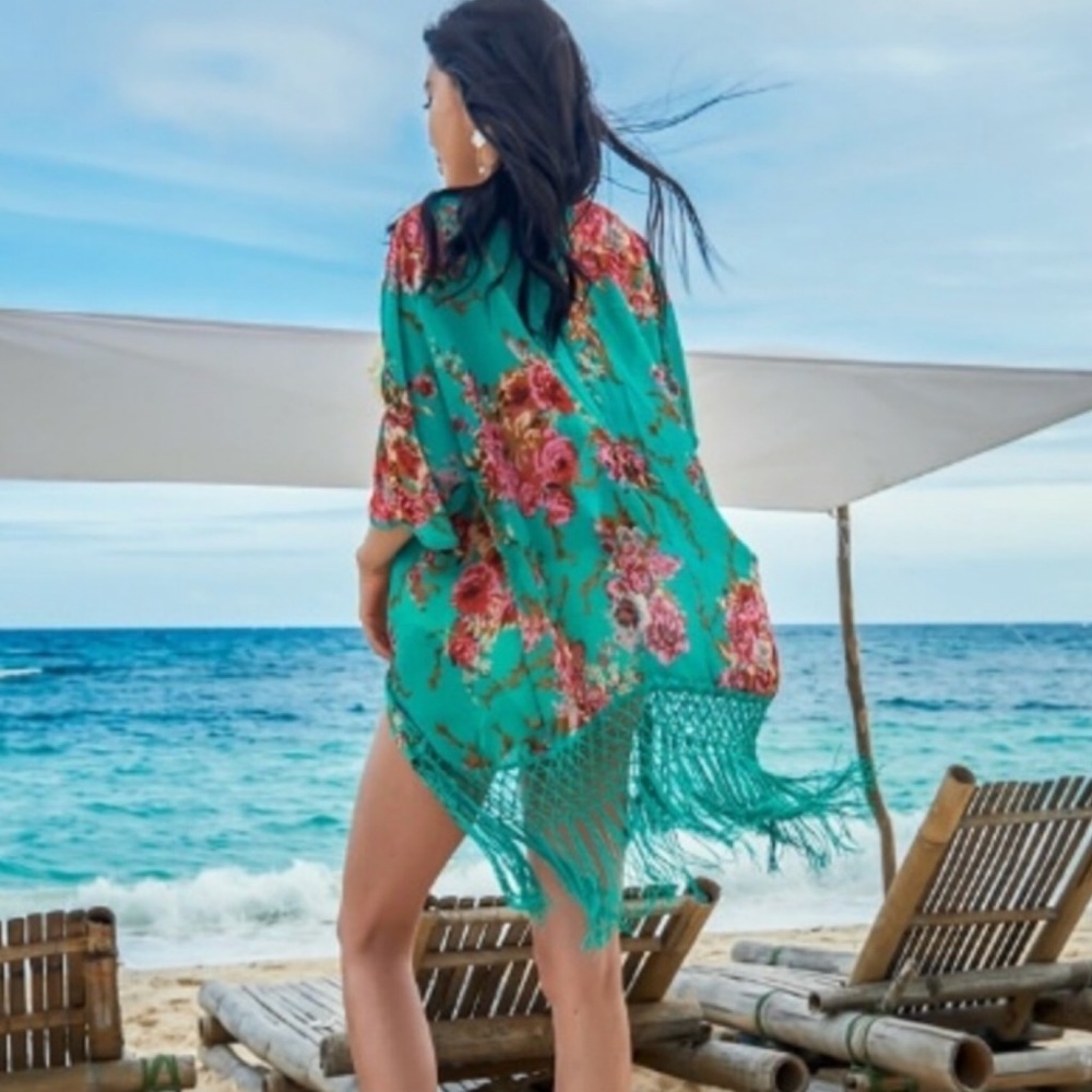 FRINGE KIMONO Green Floral Swim - Picture 3 of 11